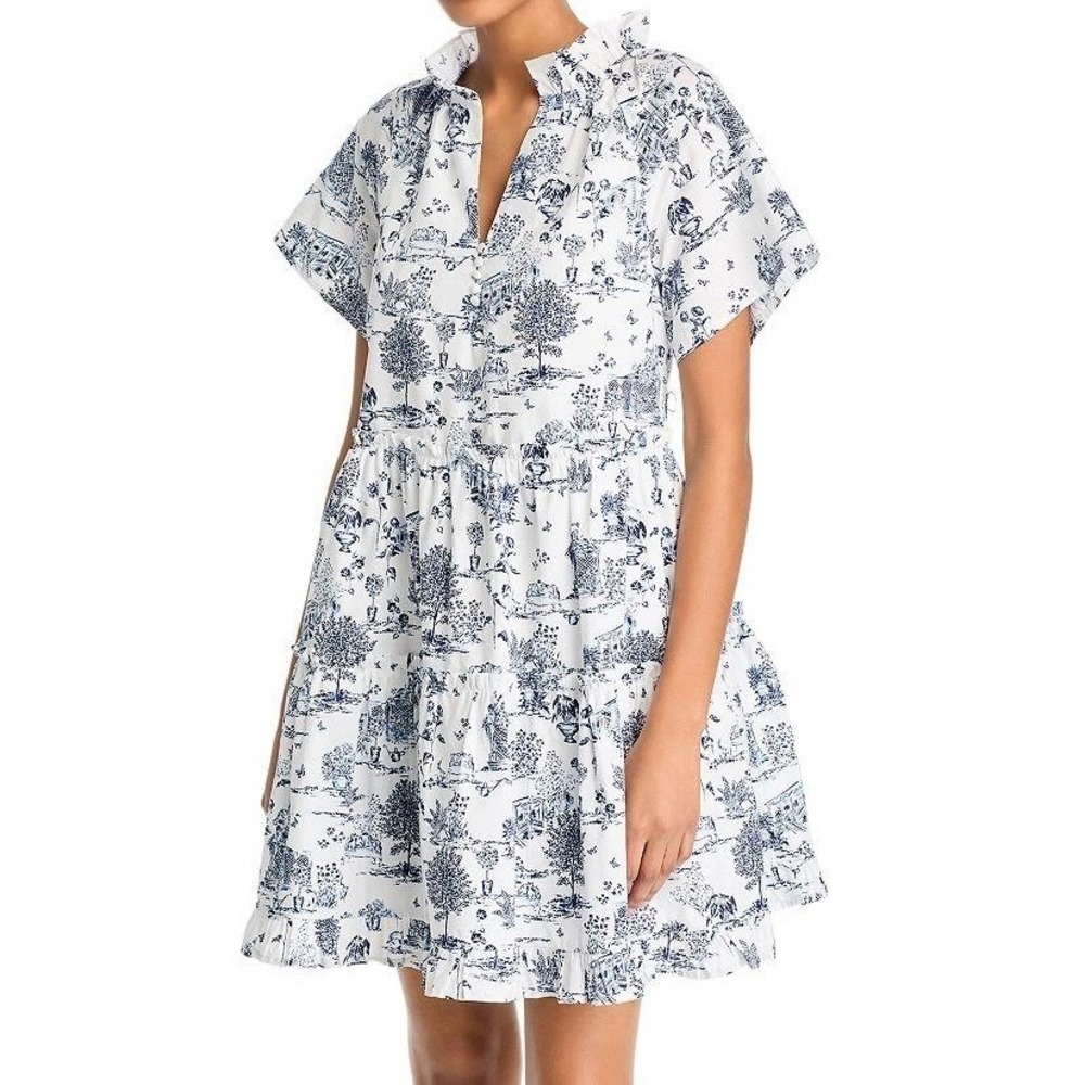 Aqua White Blue Print Tiered Mini Dress Ruffle Mock Neck Short Sleeve